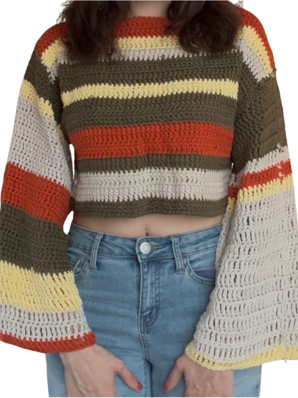 Striped Crochet Crop Sweater in Olive, Cream & Rust